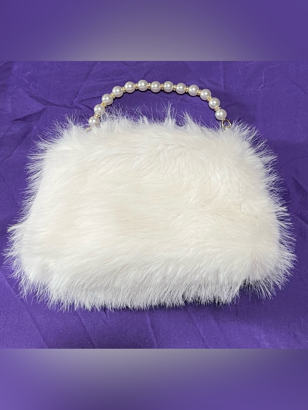 Pearl-Handle White Faux Fur Evening Bag